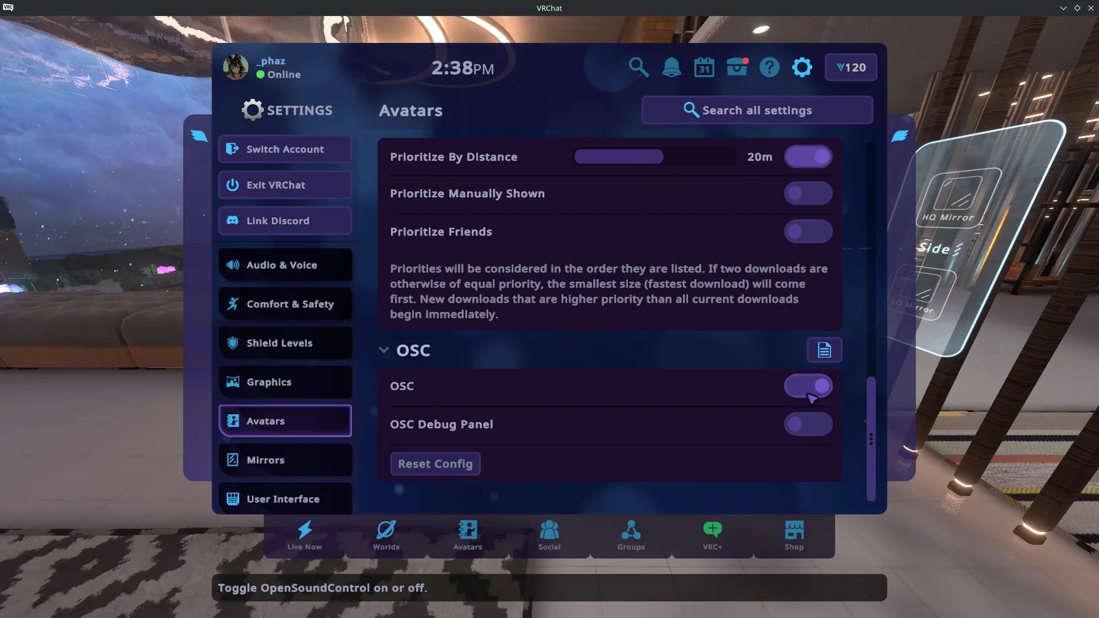 VRChat settings with OSC enabled under the Avatars options