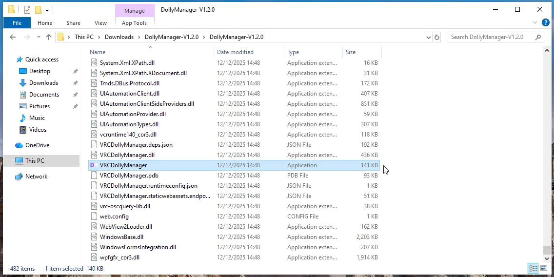 Extracted DollyManager folder in Windows File Explorer with the application executable visible