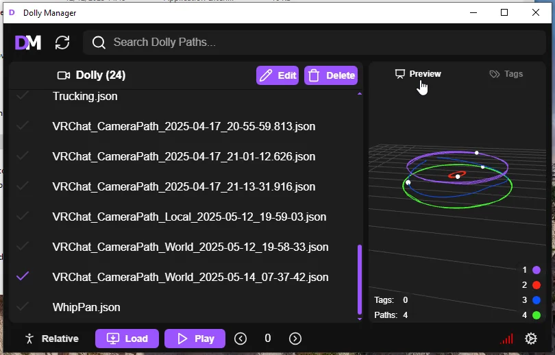 DollyManager 3D preview displaying a selected camera path