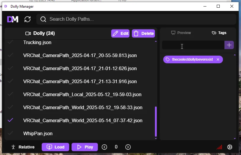 DollyManager tag editor for the selected camera path