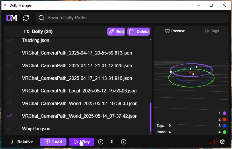 DollyManager playback controls for a loaded VRChat camera path