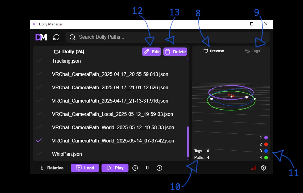 DollyManager preview and tags panels showing path colors, metadata, edit, and delete controls