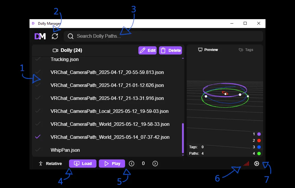 DollyManager library view showing the dolly list, search, load, playback, and connection controls