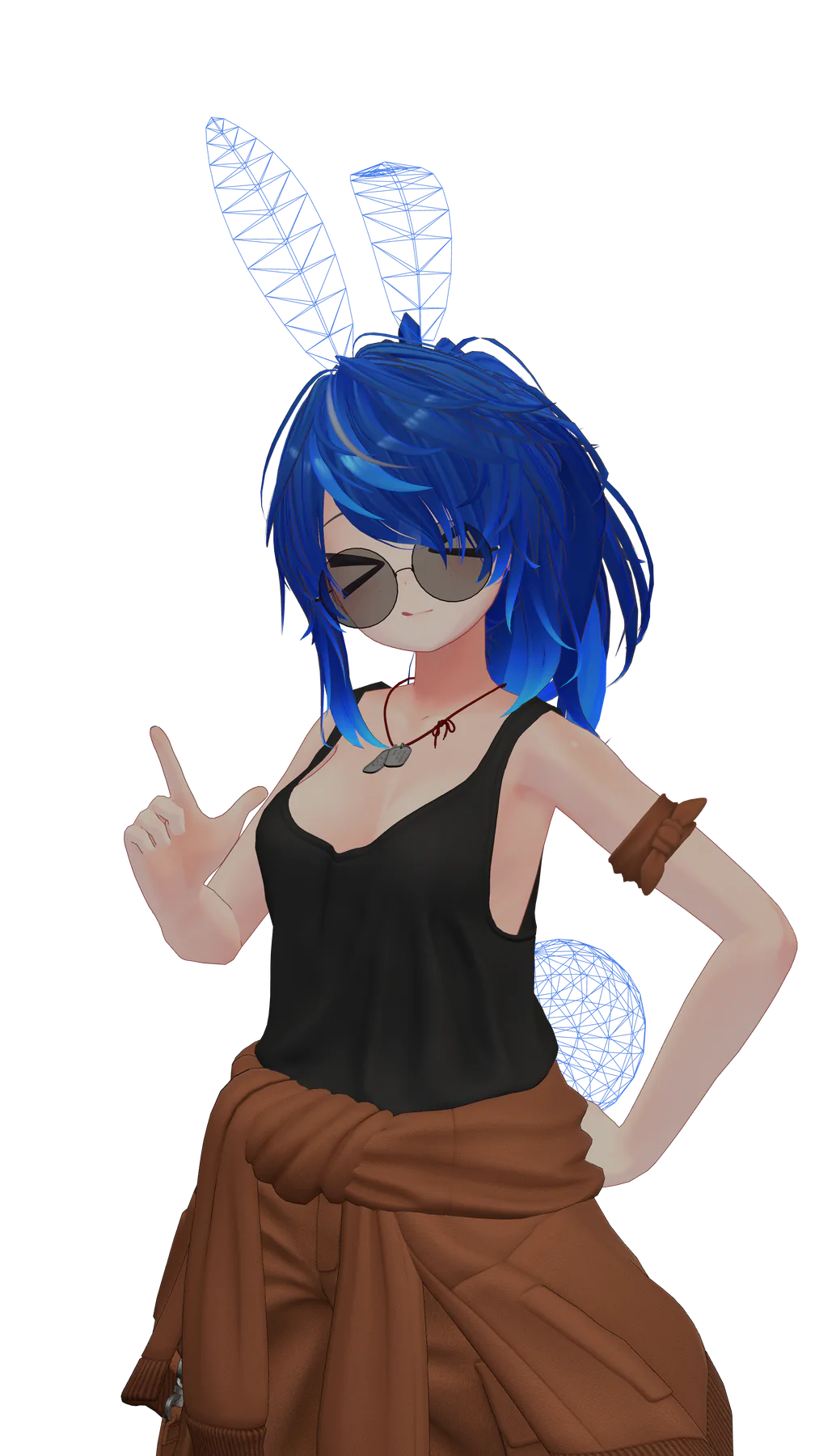 Duin's VRChat avatar wearing a black top with a brown jacket tied at the waist